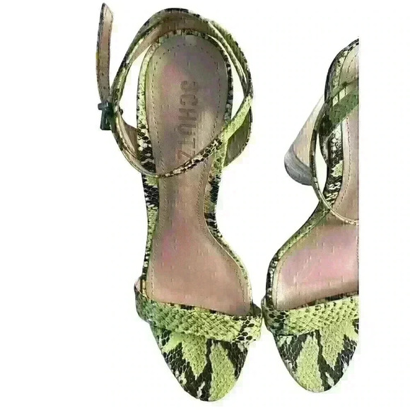 SCHUTZ  Valencia Open Toe Ankle Strap Block Clear Heeled Sandals Neon Lime Sz 8 - Picture 4 of 14